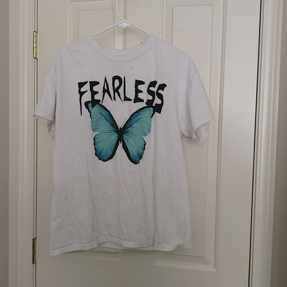 None Tops - White Graphic Tee “Fearless” Blue Butterfly Design Women’s Large